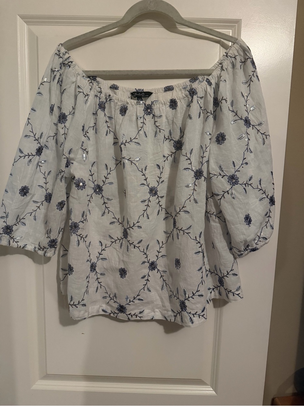Charlie B Embroidered Off-Shoulder Peasant Top - White with Blue Floral